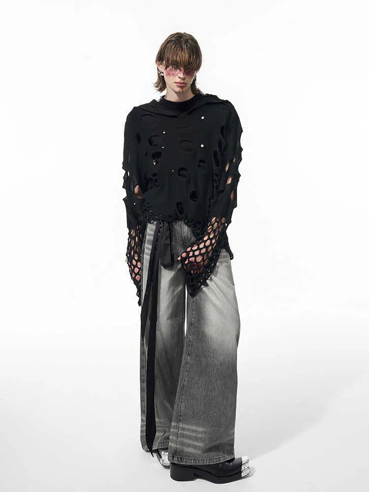 Black men's loose-fit hollow knit hoodie with a pullover design and pearl-like buttons on the hood.