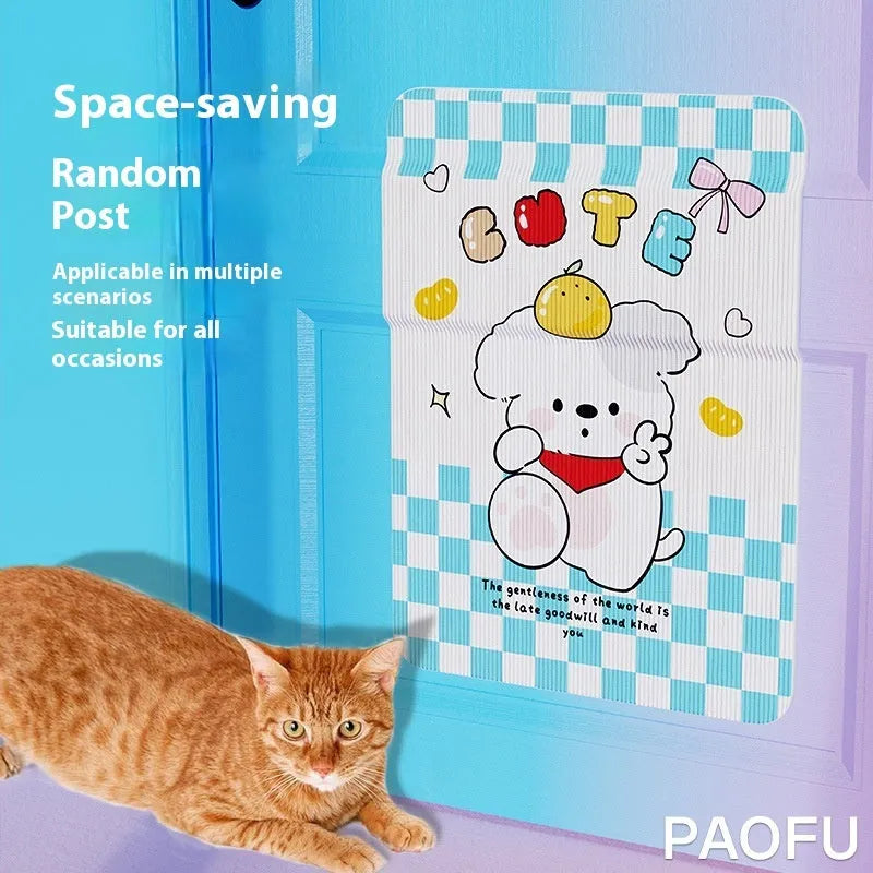 Vertical felt cat scratch board in Happy Kitten pattern mounted on a wall