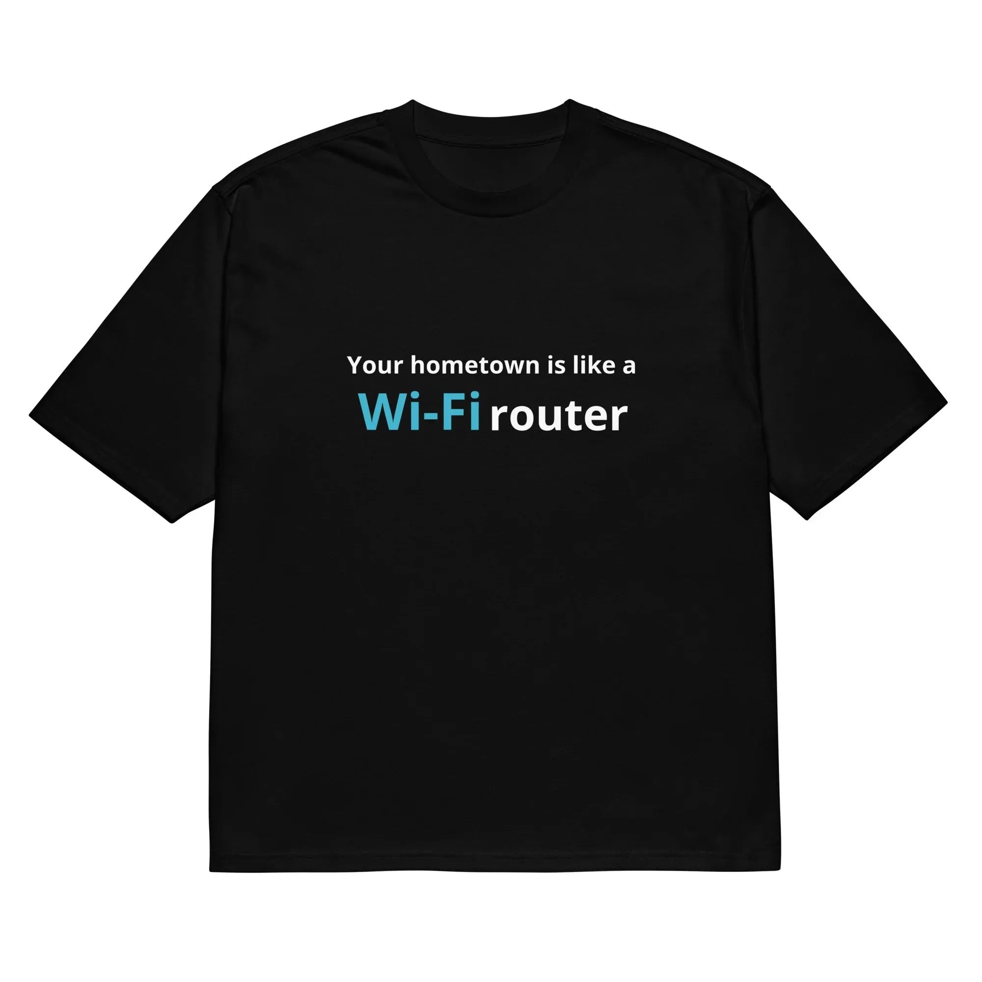 Front view of a black men's loose-fit t-shirt with a large 3D digital printed cartoon design on the chest.
