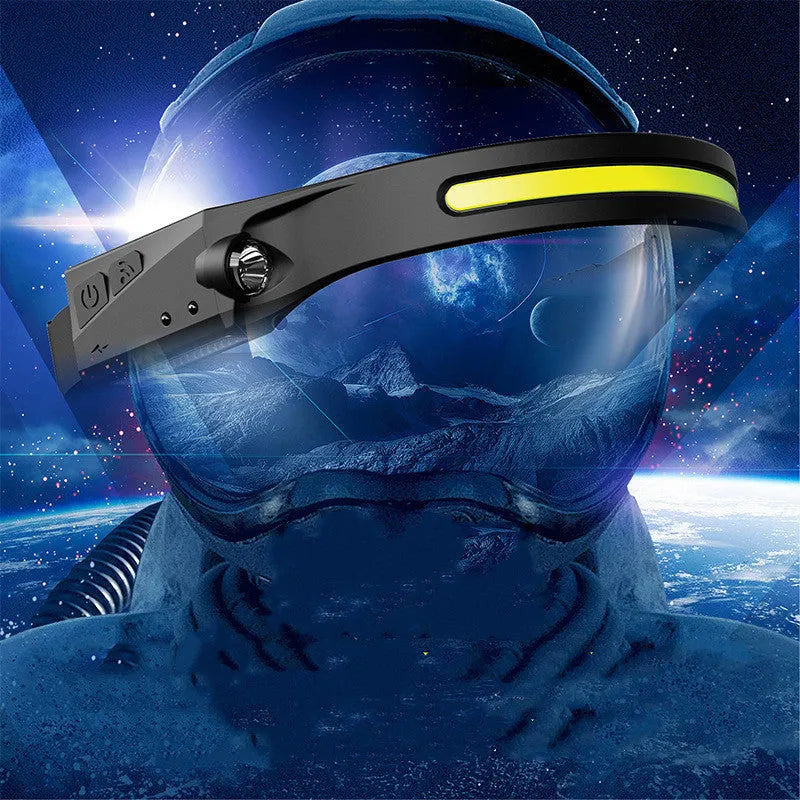 Black silicone USB rechargeable headlamp with wide LED beam and side wave sensor for outdoor use.