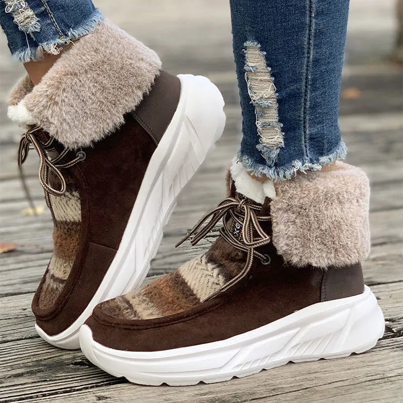 Beige women's lace-up mid-top snow boots with a fuzzy lining and thick platform sole.