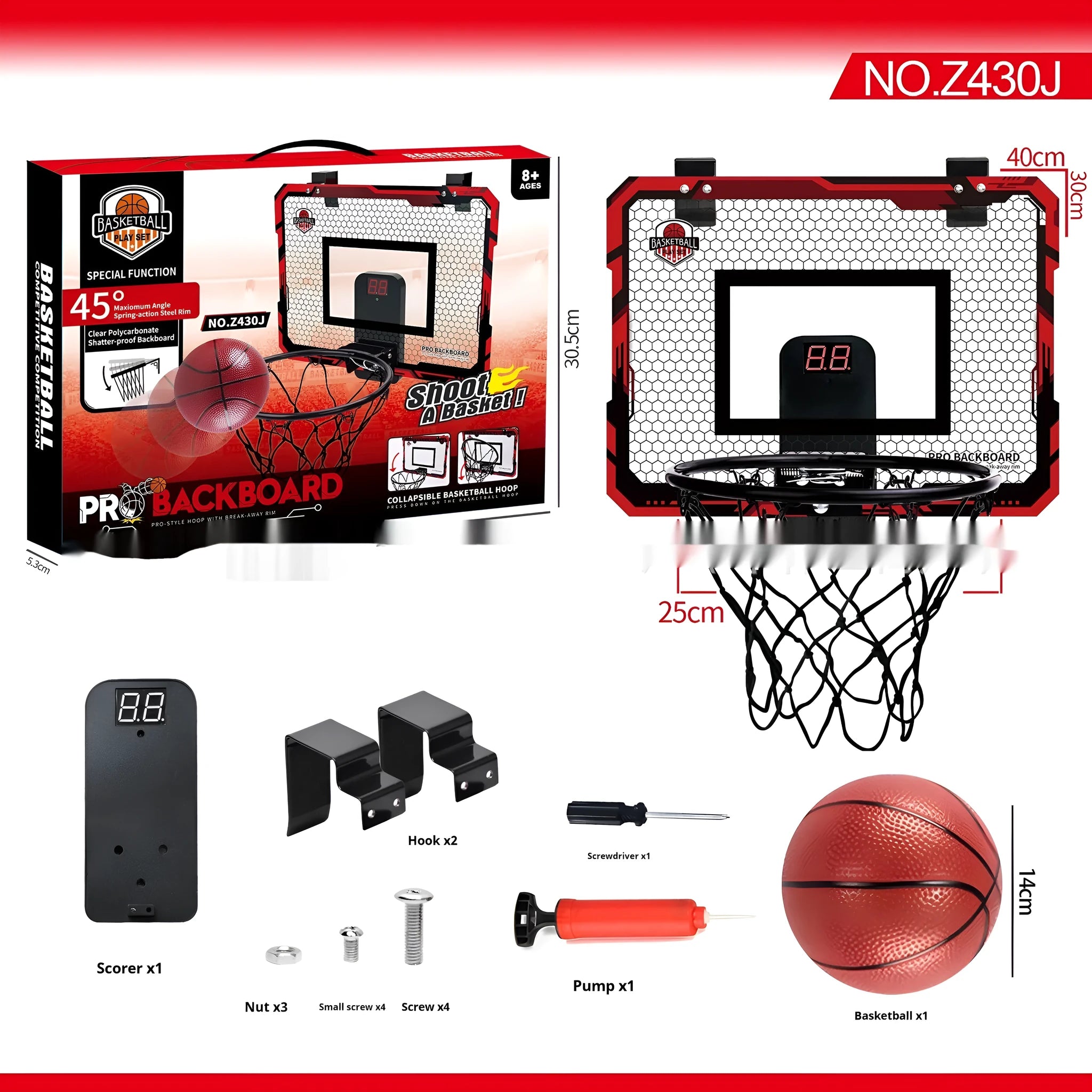 Red folding basketball frame with suction cup mount and 16cm ball, shown in a child's bedroom.