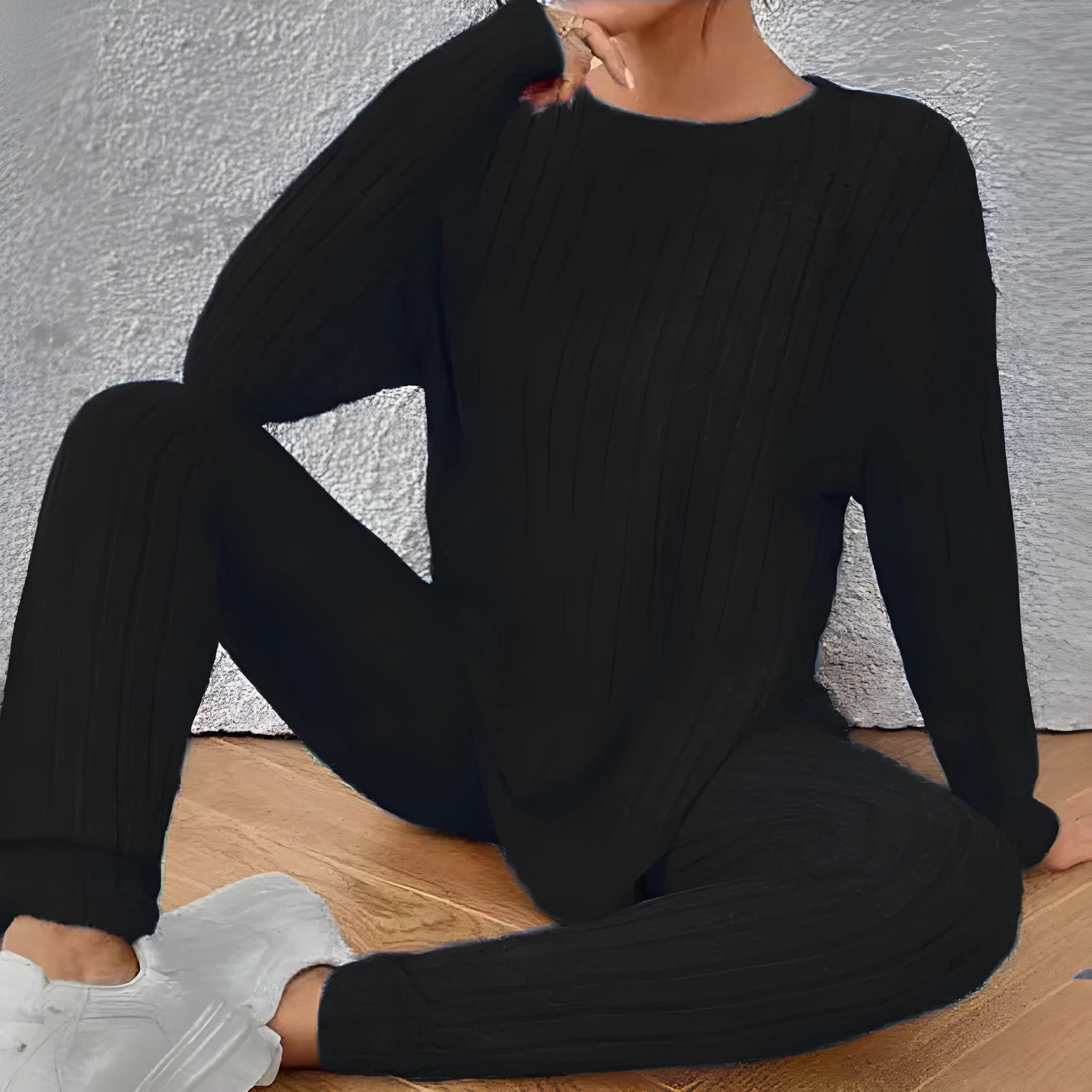 Plus size sunken stripe two-piece homewear set with long sleeve top and trousers in blue