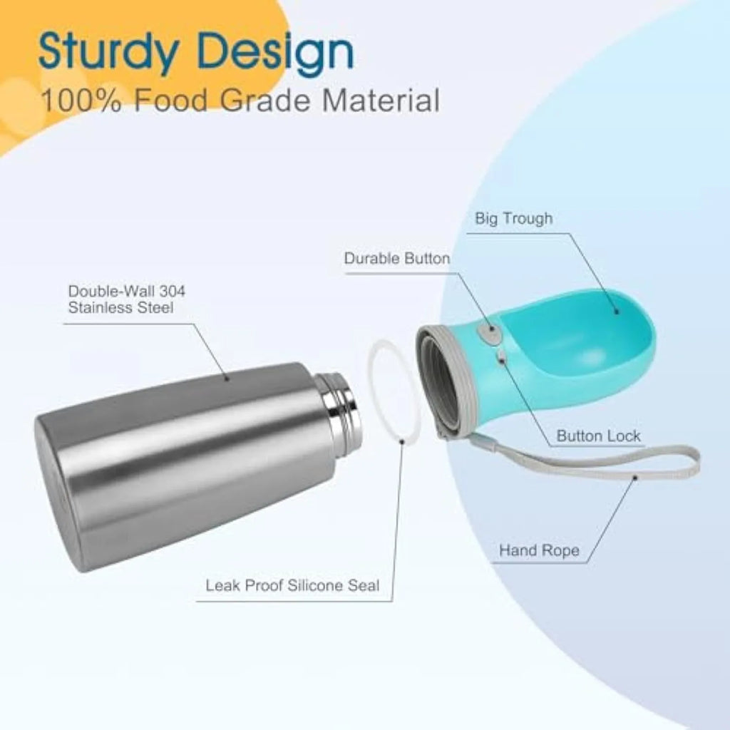 Blue stainless steel portable dog water bottle with drinking feeder showing 700ml capacity