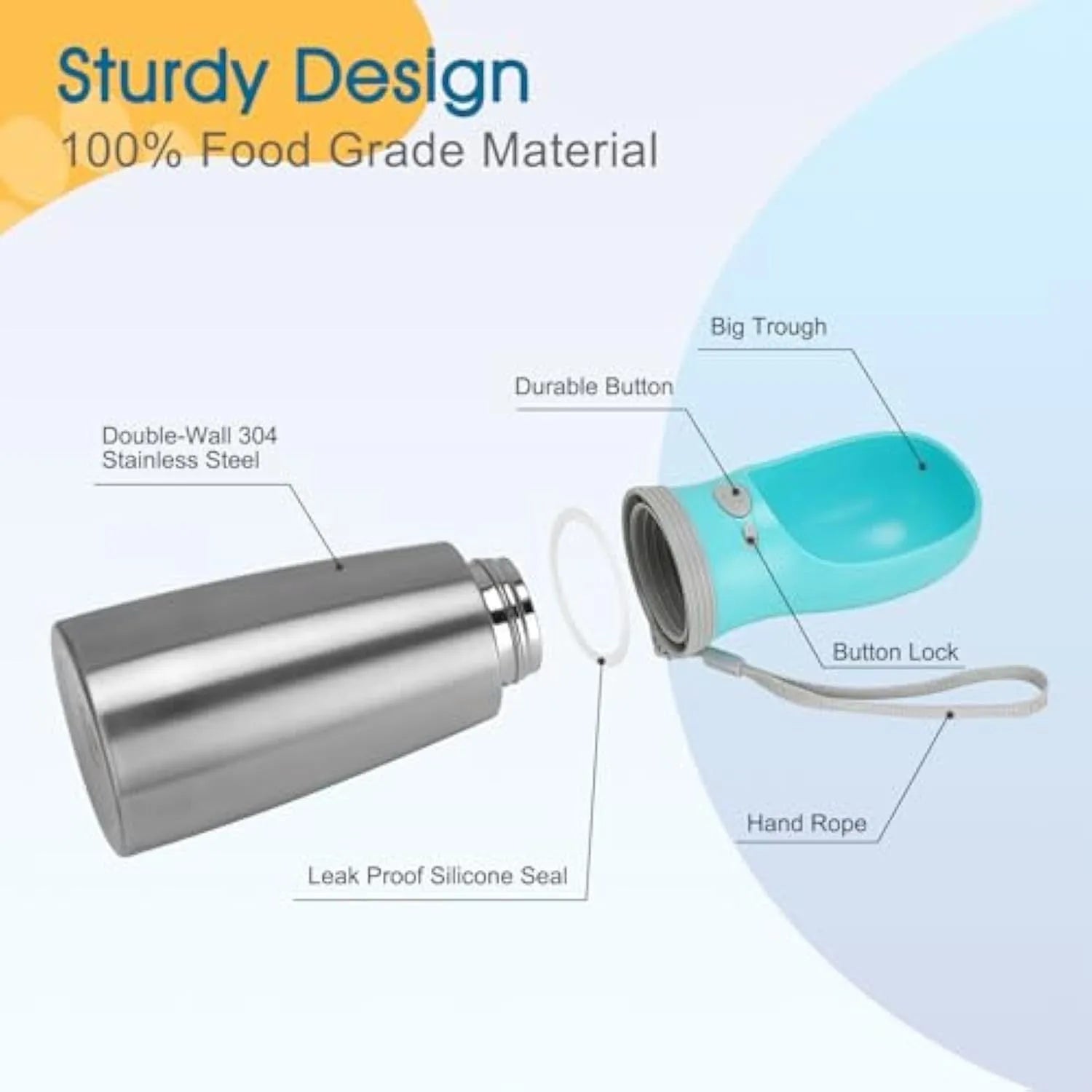 Blue stainless steel portable dog water bottle with drinking feeder showing 700ml capacity