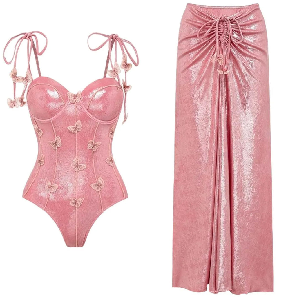 Women's floral swimsuit set with spaghetti straps, one-piece and two-piece options, in pink, red, blue, or gold.
