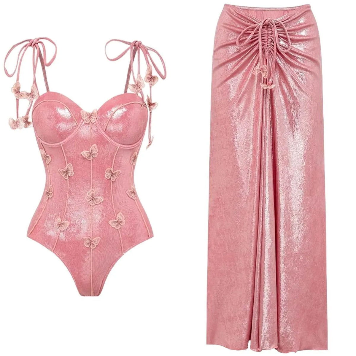 Women's floral swimsuit set with spaghetti straps, one-piece and two-piece options, in pink, red, blue, or gold.