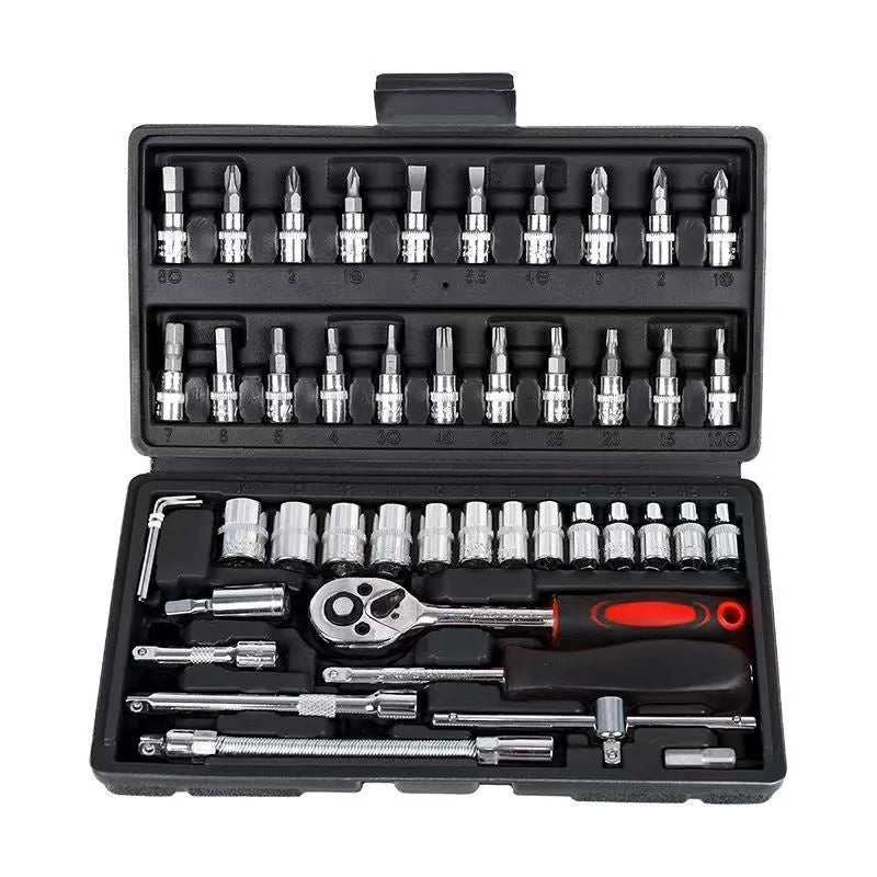 53-piece socket wrench tool set in red and black box for household hardware repair