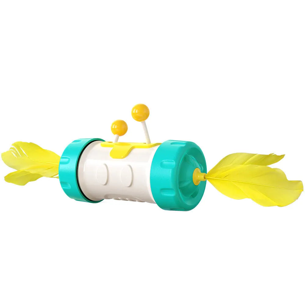 Cat toy stick pole with colourful tumbler feather ball dangling from nylon string
