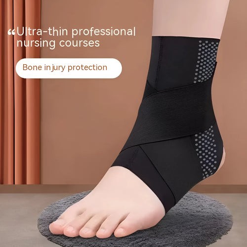 Black lycra cloth ankle support with anti-kick protection shown on adult ankle