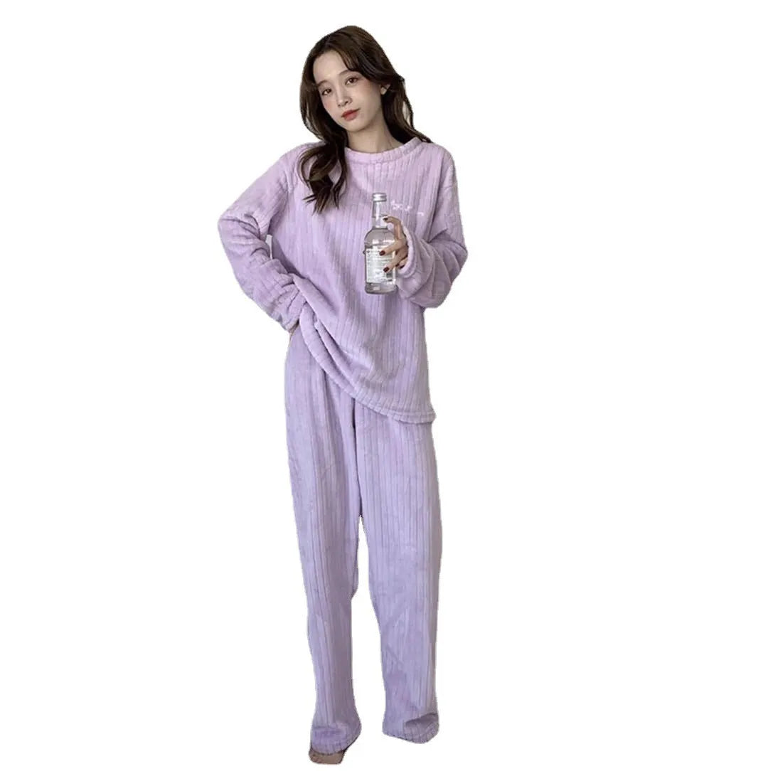 New vertical stripe thickened warm home suit in coral fleece, winter loungewear with long sleeves and trousers