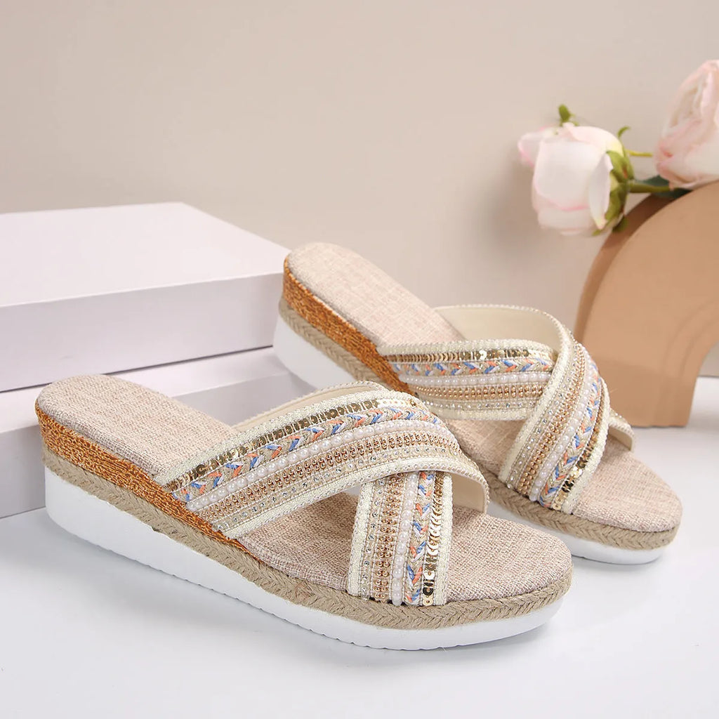 Women's linen wedge sandals in beige with ethnic cross-strap design and non-slip rubber sole