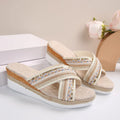 Women's linen wedge sandals in beige with ethnic cross-strap design and non-slip rubber sole