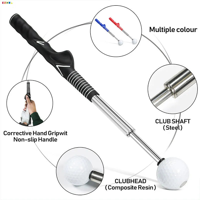 A telescopic golf swing practice trainer with a stainless steel frame, shown in an adjustable position.
