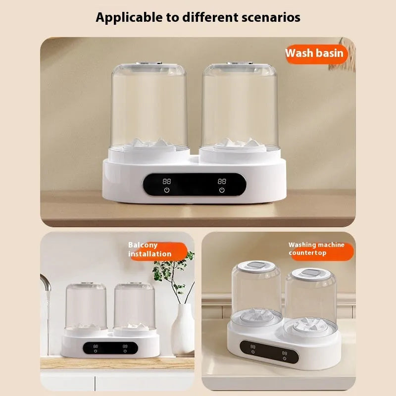 White Double Bucket Laundry Cup mini washing machine with two lids and a USB cable.