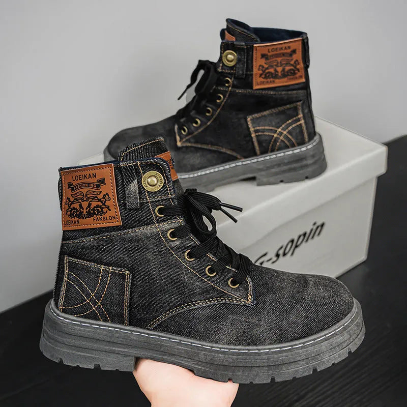 Men's mid-top canvas Martin boots in black or blue, sizes 39-48, with 3-5cm mid heel and PVC sole