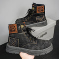 Men's mid-top canvas Martin boots in black or blue, sizes 39-48, with 3-5cm mid heel and PVC sole