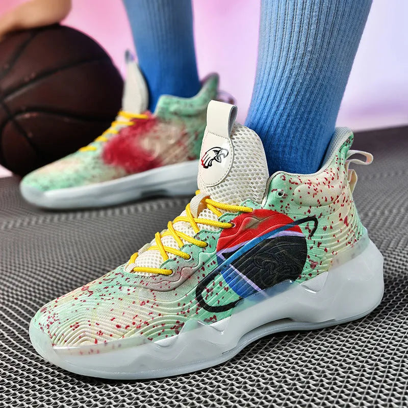 Luminous high-top basketball shoes in pink and blue with graffiti pattern for children