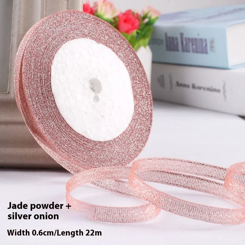 0.6cm wide polyester gift packaging ribbon roll in multiple colour options including gold leaf and jade pink