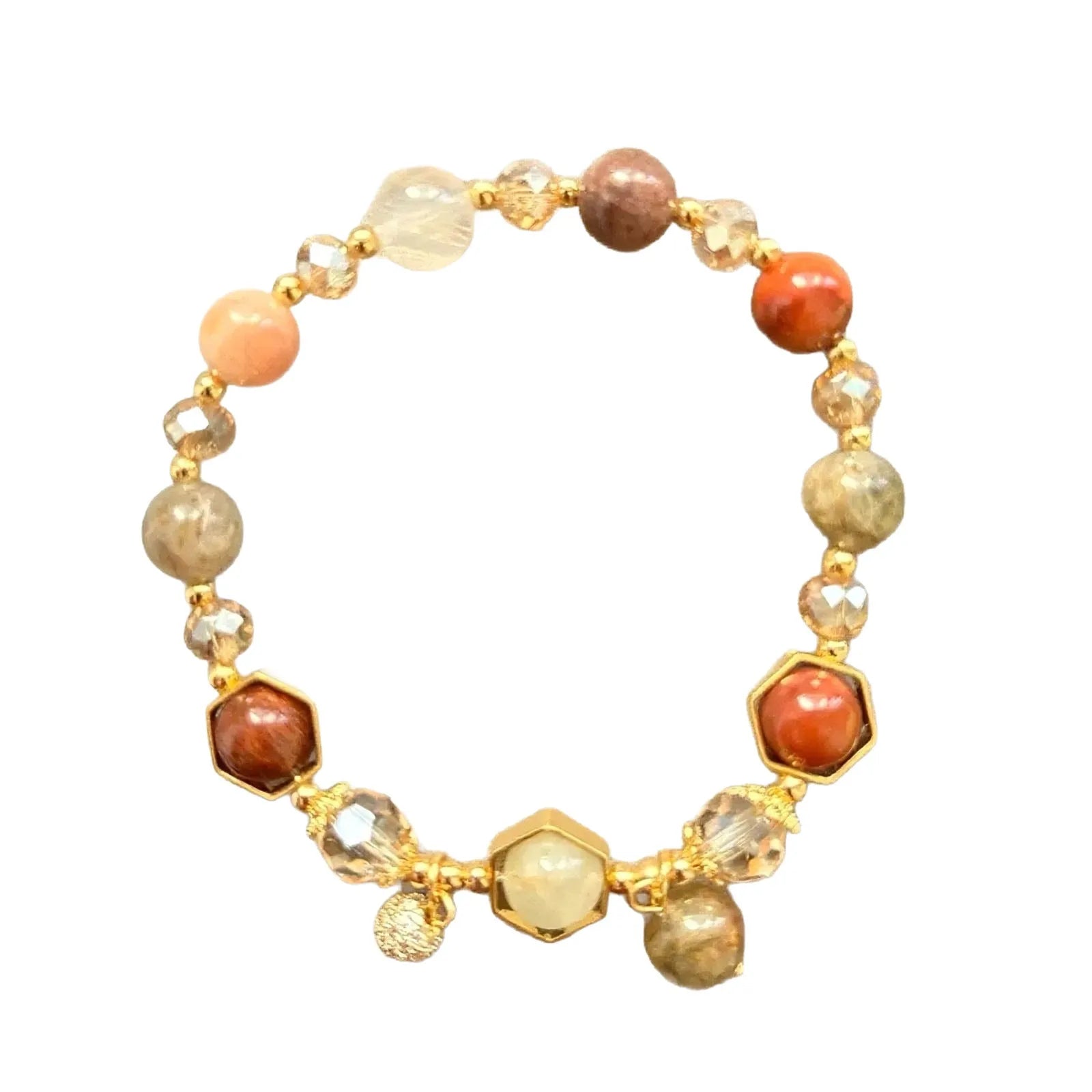 Gold citrine crystal bracelet with hand-woven auspicious symbols including Ruyi, Totem and Fu character patterns