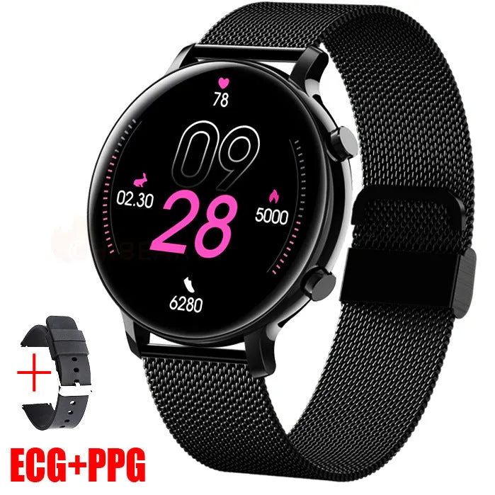 Black Bluetooth smartwatch with stainless steel strap showing call screen and heart rate monitor