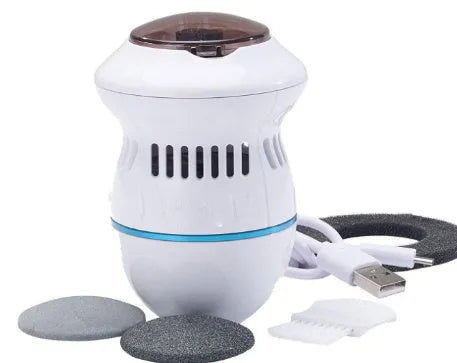 Beige and white electric foot file callus remover with two grinding heads and USB cable