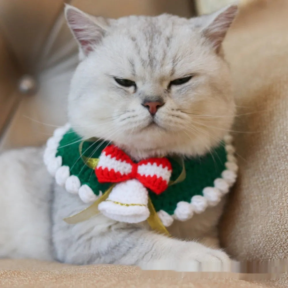 Christmas pet scarf with knitted wool Santa reindeer bell designs in multiple colours and sizes