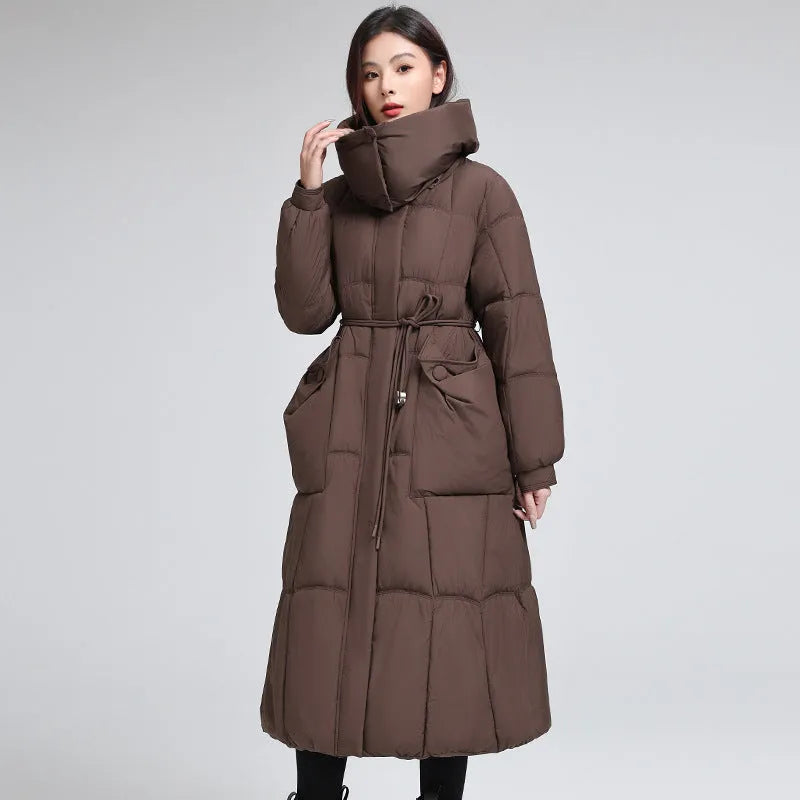 Women's knee-length padded jacket waist-cinching thicken coat in black with pockets