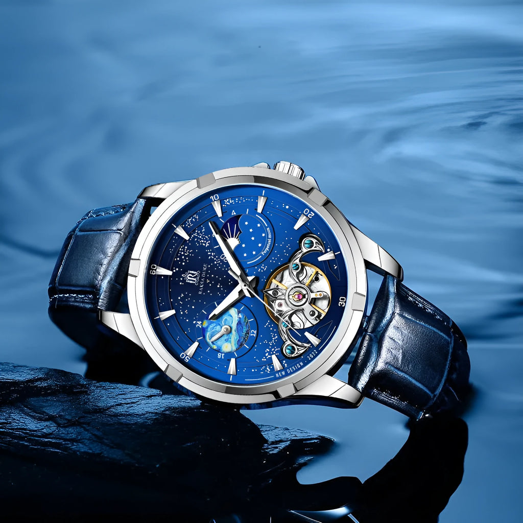 Men's blue dial automatic mechanical watch with stainless steel case, model T885B.