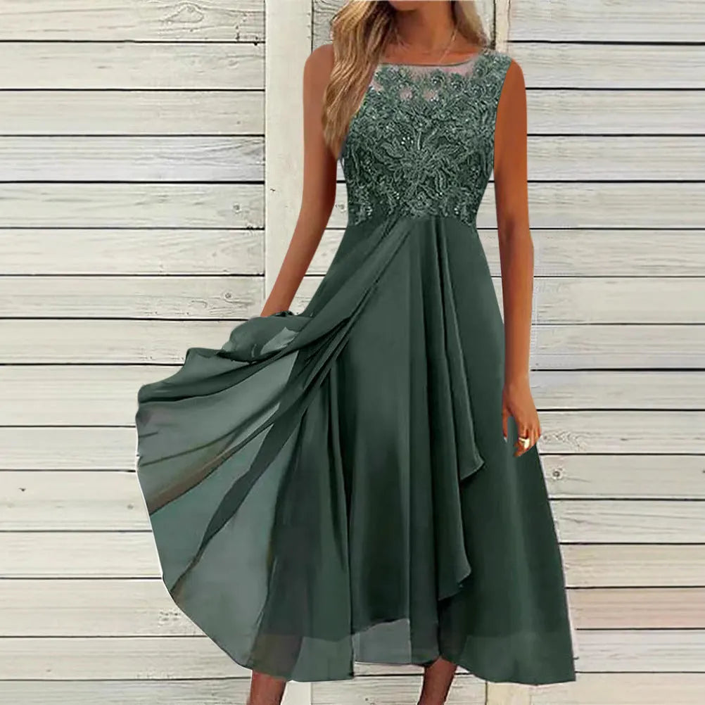 Women's sleeveless mid-length chiffon dress with lace stitching in blue, green, or purple.
