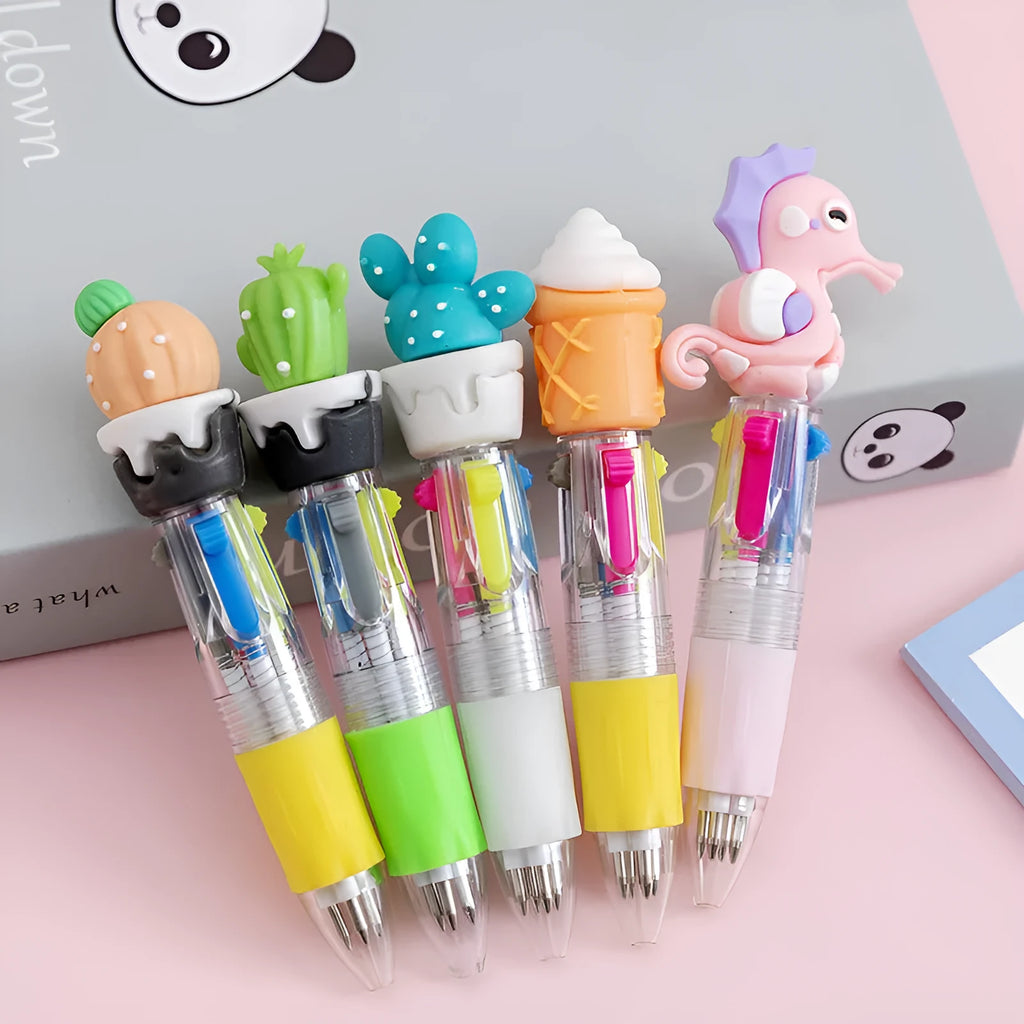 Cute cartoon themed four-colour press ballpoint pen with a 0.7mm tip.