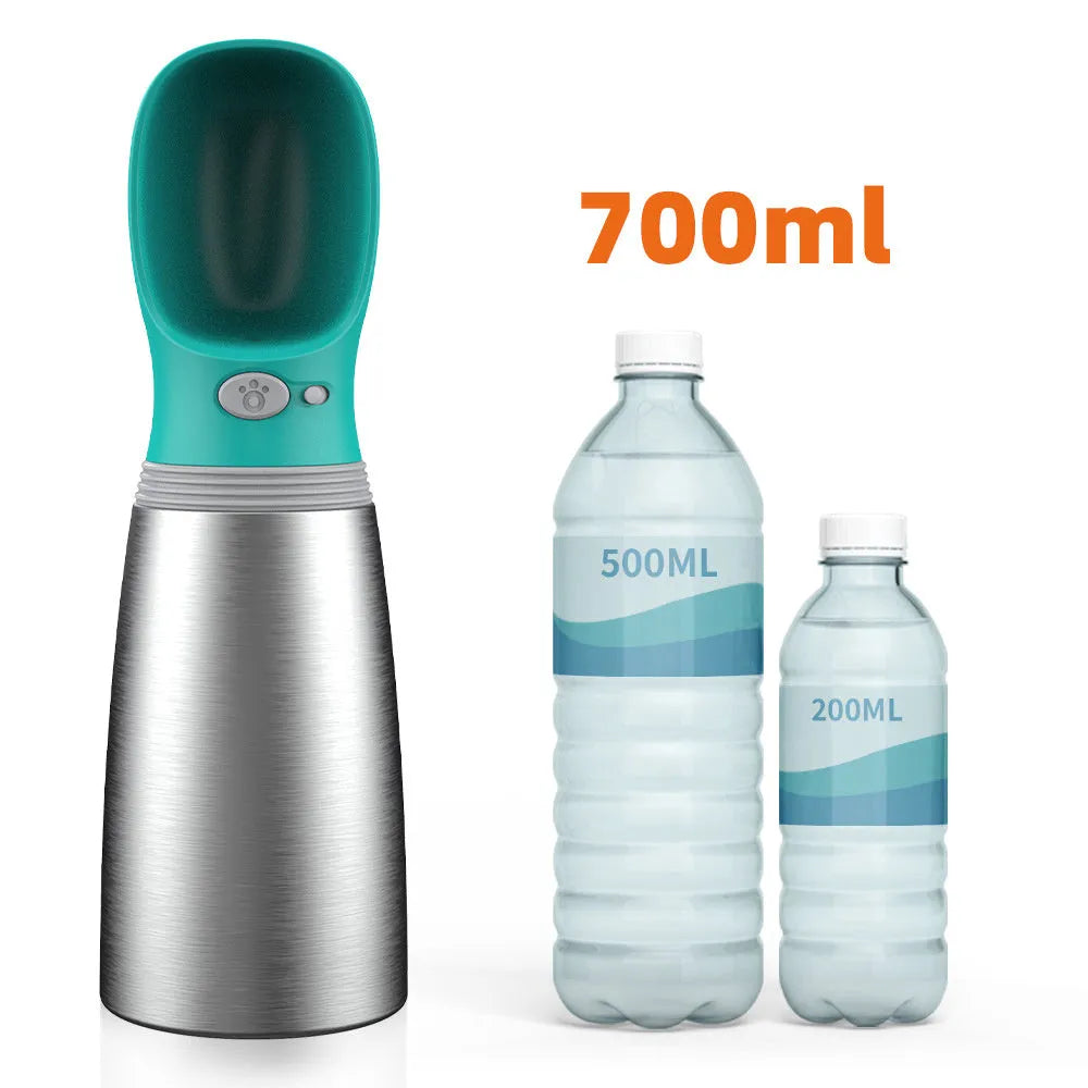 Blue stainless steel portable dog water bottle with drinking feeder showing 700ml capacity