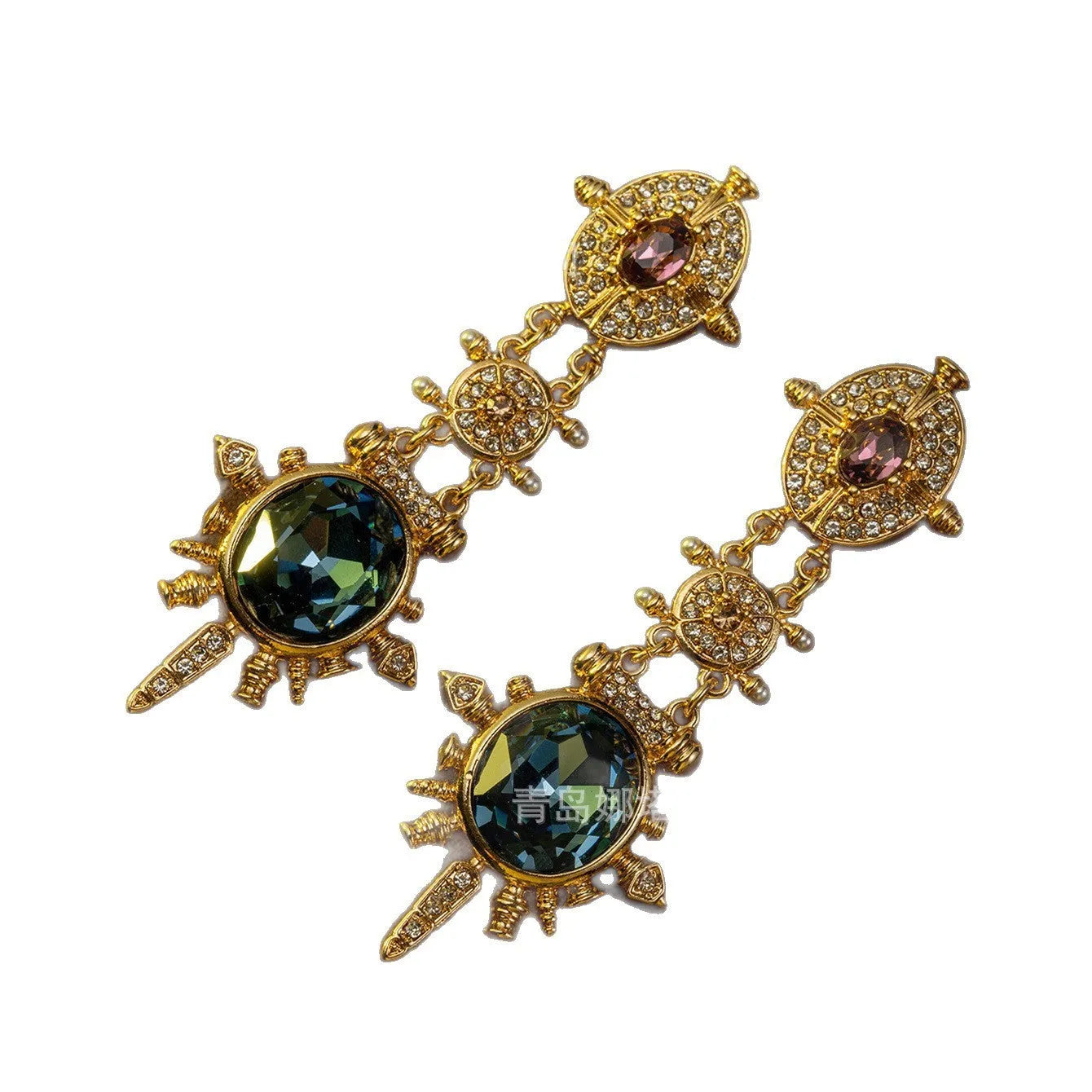 A pair of gold geometric retro-style alloy stud earrings with round diamond-treatment details.