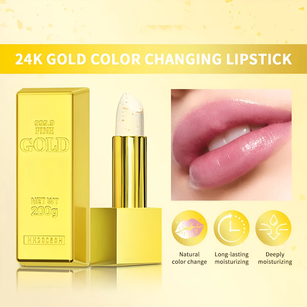 Gold foil colour-changing lipstick with moisturising formula, 3.5g net content, shiny finish