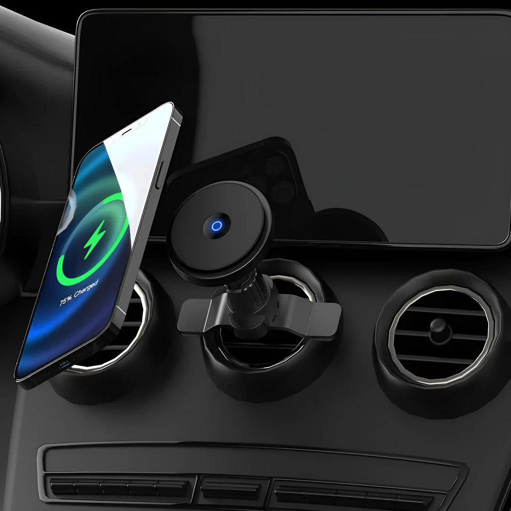Aluminium alloy 15W magnetic wireless car charger with adjustable dashboard mounting bracket in black