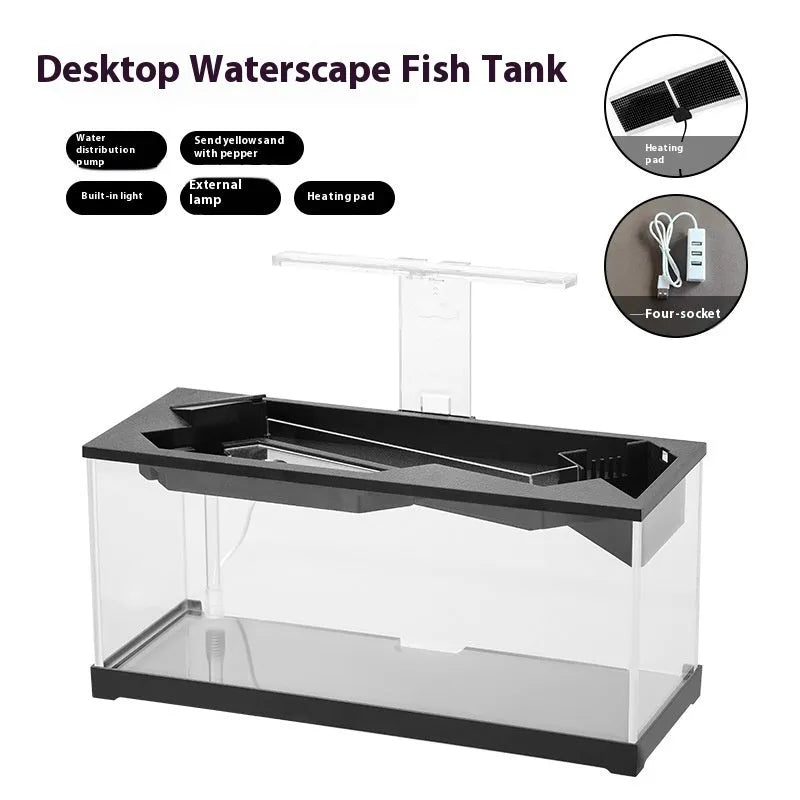 Small acrylic integrated lazy aquarium with circular filter, built-in lamp, external light, and heating mat for desktop use