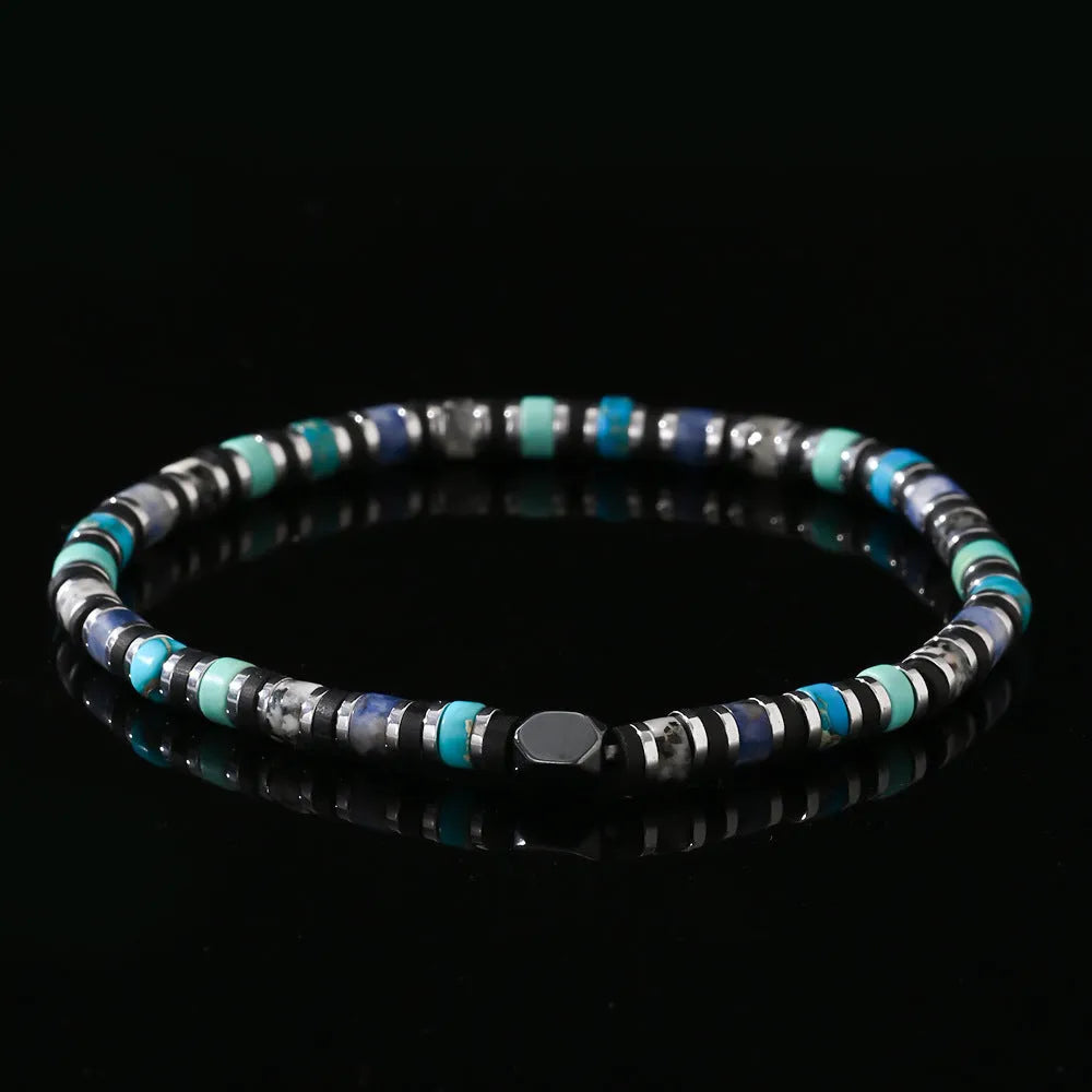 Hand-woven cylindrical bracelet made from natural semi-precious stones in a Bohemian style.