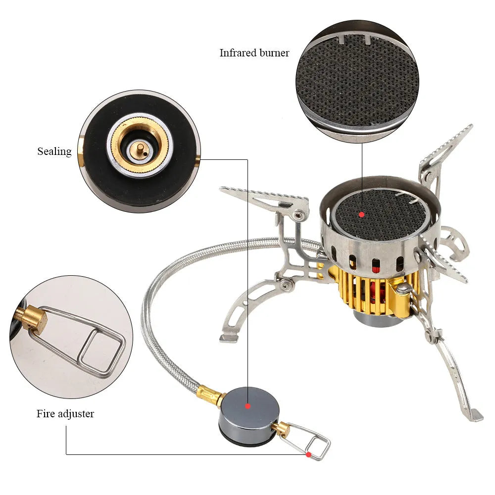 3500W infrared camping stove head in folded form with plastic box, made from stainless steel, copper, and aluminium