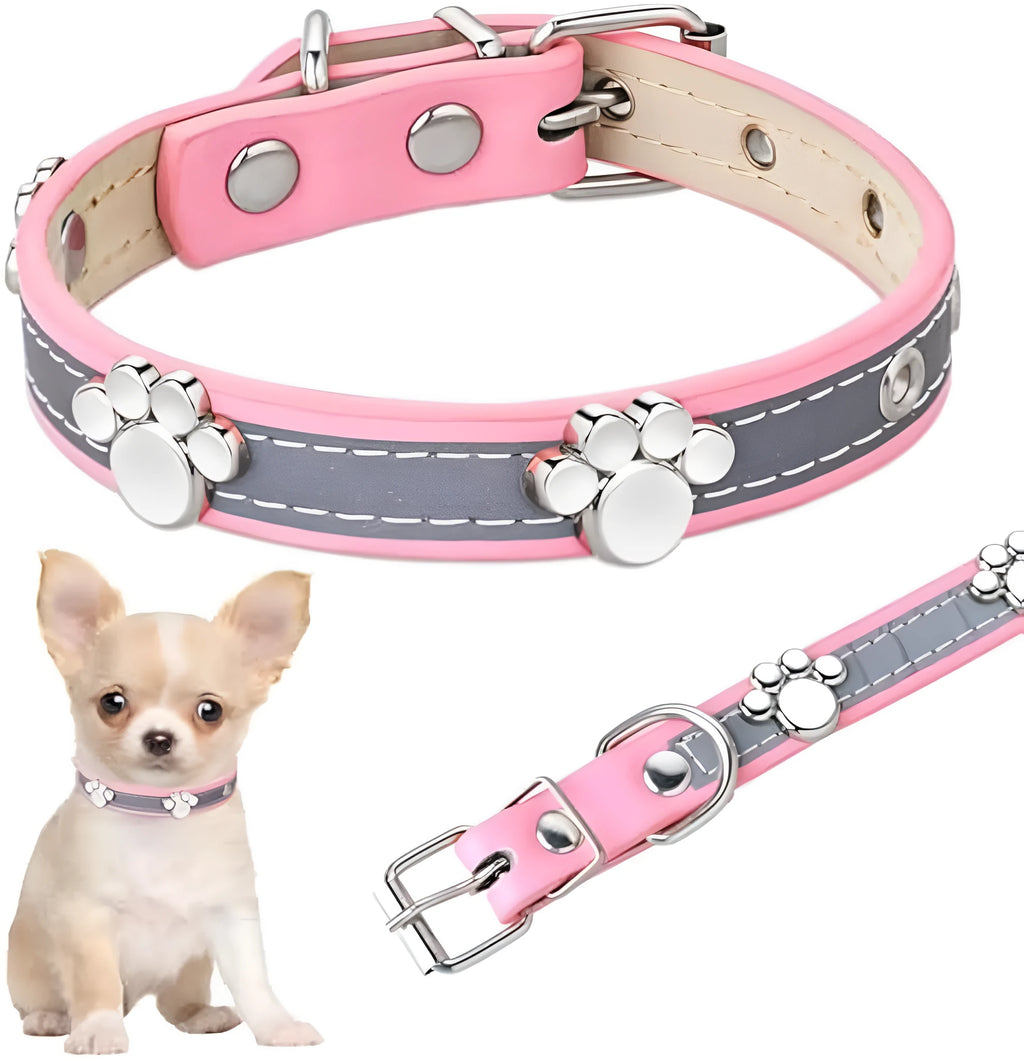 Adjustable PU leather dog collar with reflective stitching and a metal paw-shaped rivet.