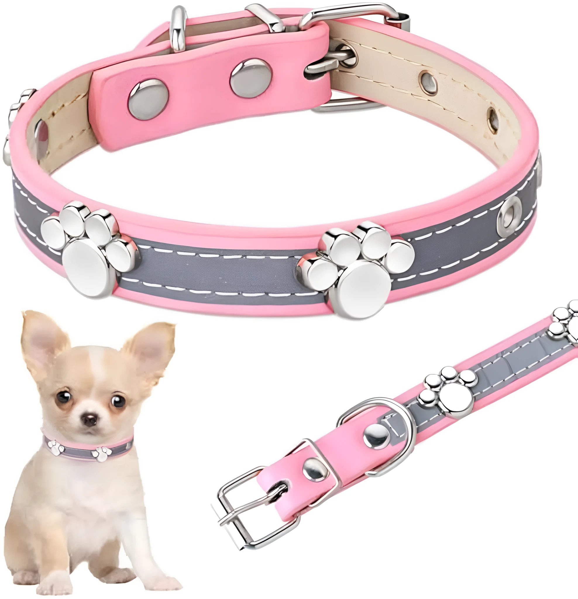 Adjustable PU leather dog collar with reflective stitching and a metal paw-shaped rivet.