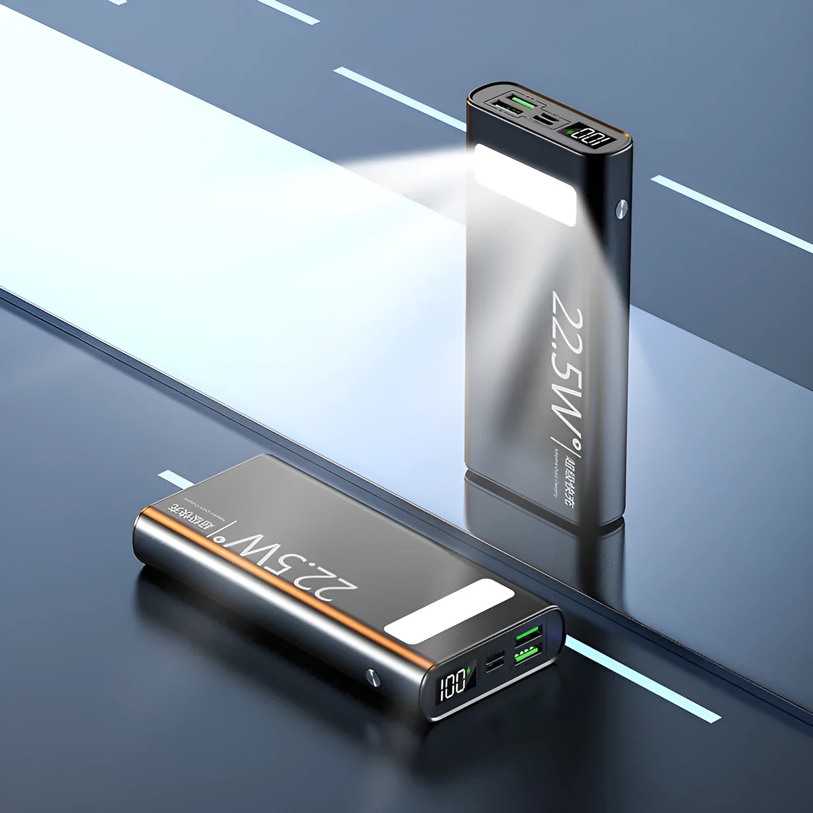 Black alloy 20000mAh power bank with LCD display showing battery level and USB ports.
