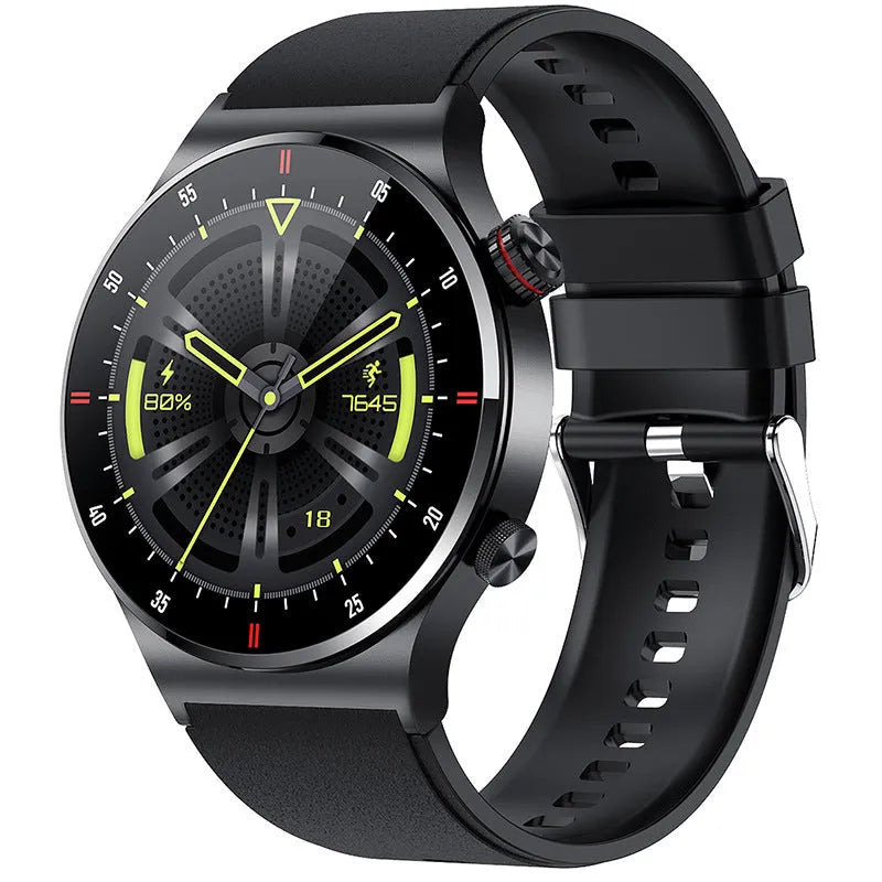 QW33 smart watch with black steel belt showing heart rate monitoring on 1.3-inch screen