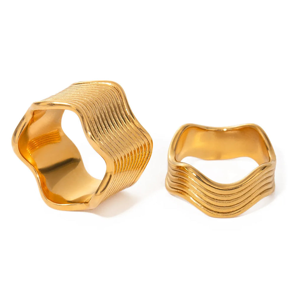 Stainless steel geometric wave ring with wide surface and Korean-style design