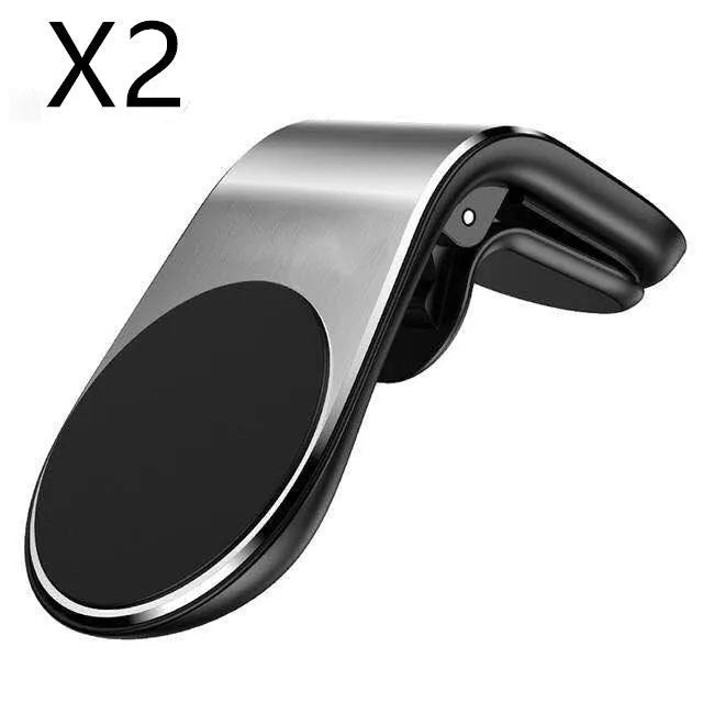 Car phone bracket mounted on vehicle air vent in silver finish showing rotation adjustment