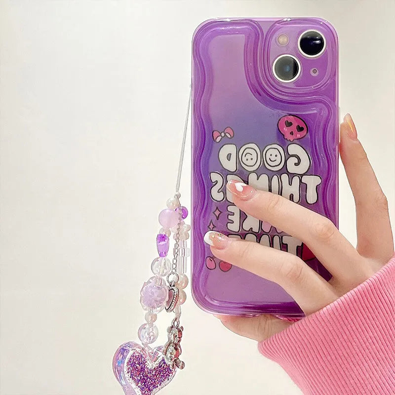 Purple English graffiti love pendant iPhone 14 mobile phone case with bracelet attachment and TPU soft shell construction
