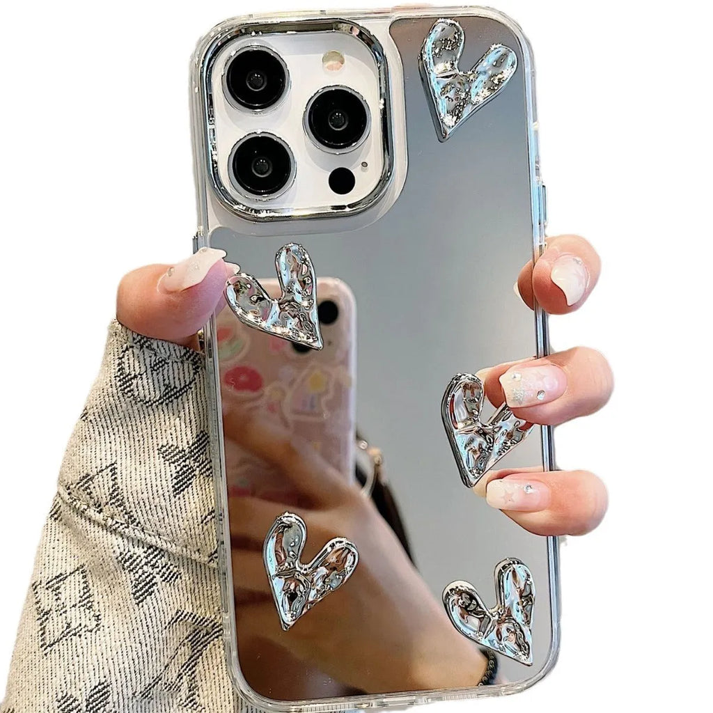 Electroplating pleated heart iPhone case with mirror finish and lanyard option