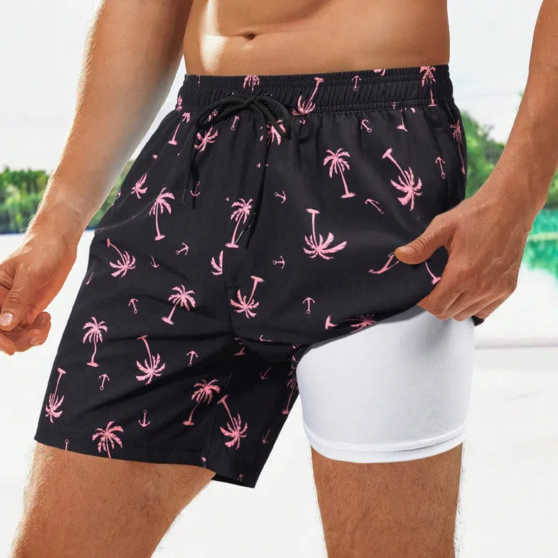 Men's loose fit boxer swimming trunks in quick-drying spandex with floral pattern