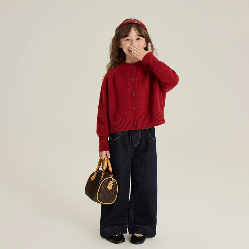 Girl's Korean-style red knitted cardigan with long sleeves, single-breasted front, cashmere blend fabric, suitable for 90-160cm height