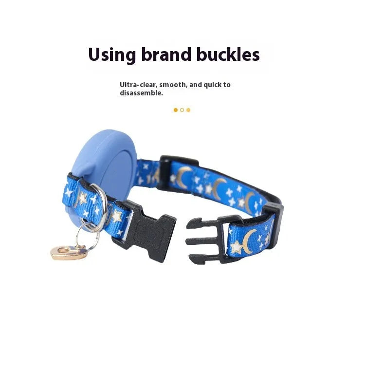 A pink adjustable cat collar with a built-in compartment for an Apple AirTag on a white background.