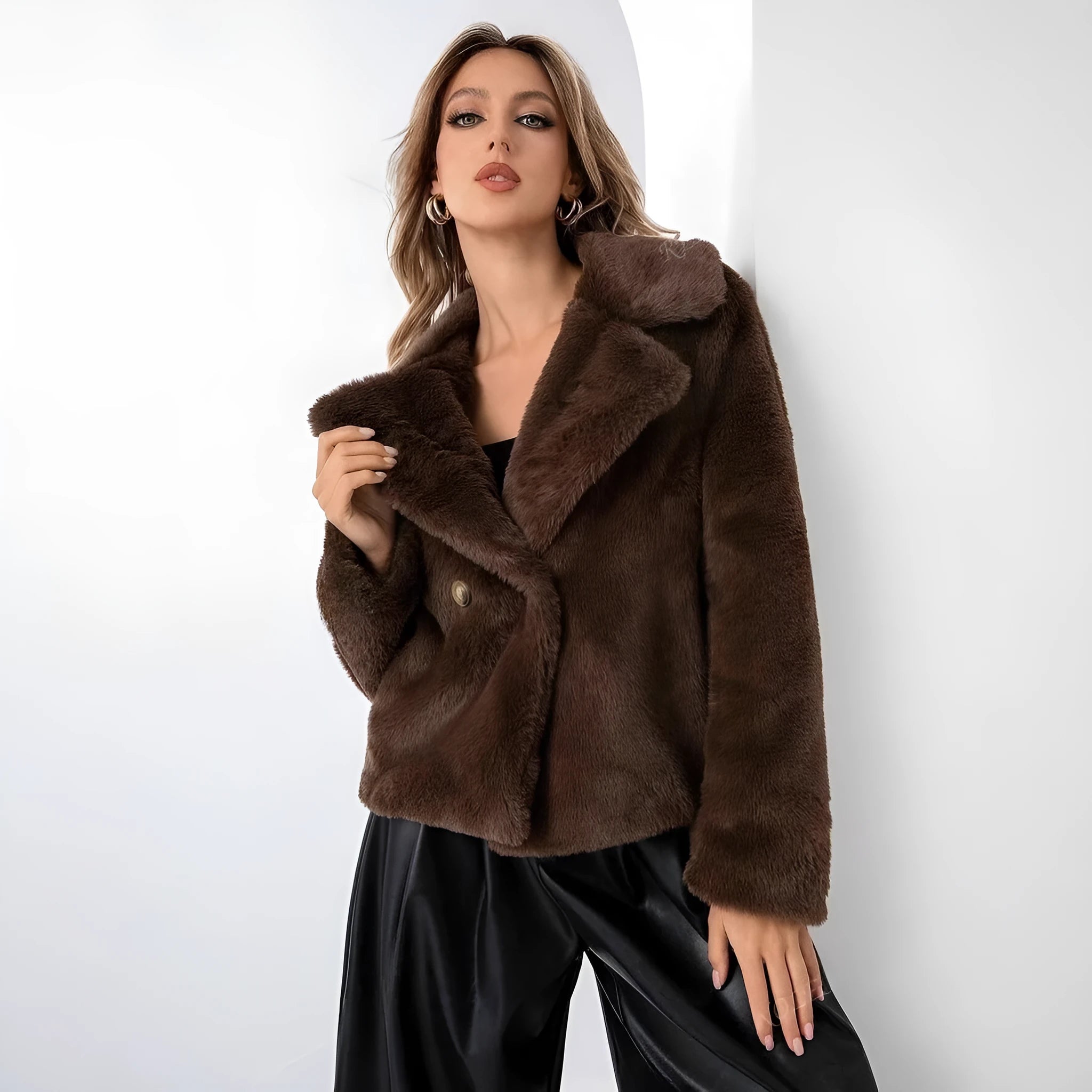 Women's loose short coat in soft faux fur, shown in rose red, with regular sleeves and a fresh sweet style.